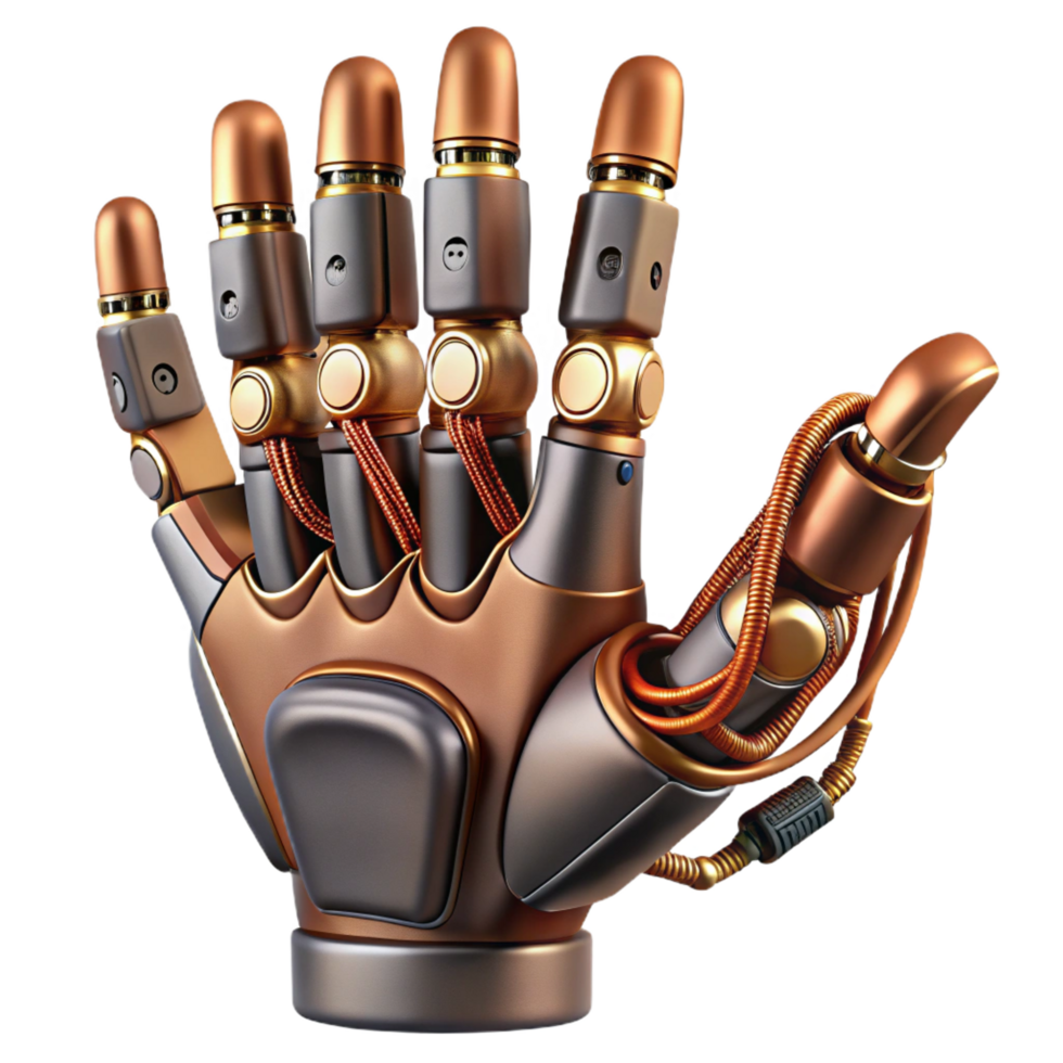 elegante icônico steampunk robótico mão com articulado dedos e exposto fiação. não fundo com transparente fundo. png
