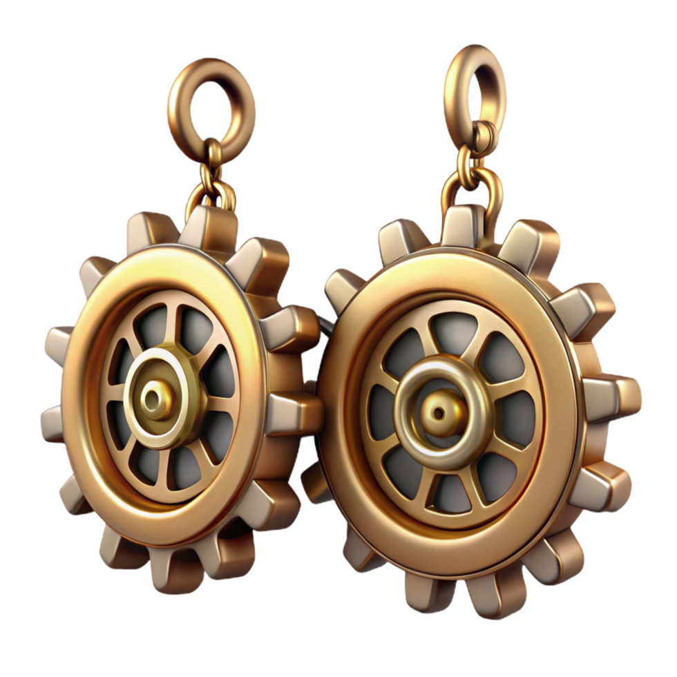 gorgeous memorable Steampunk gear earrings with intricate designs and brass finishes. NO BACKGROUND with Transparent Background. png
