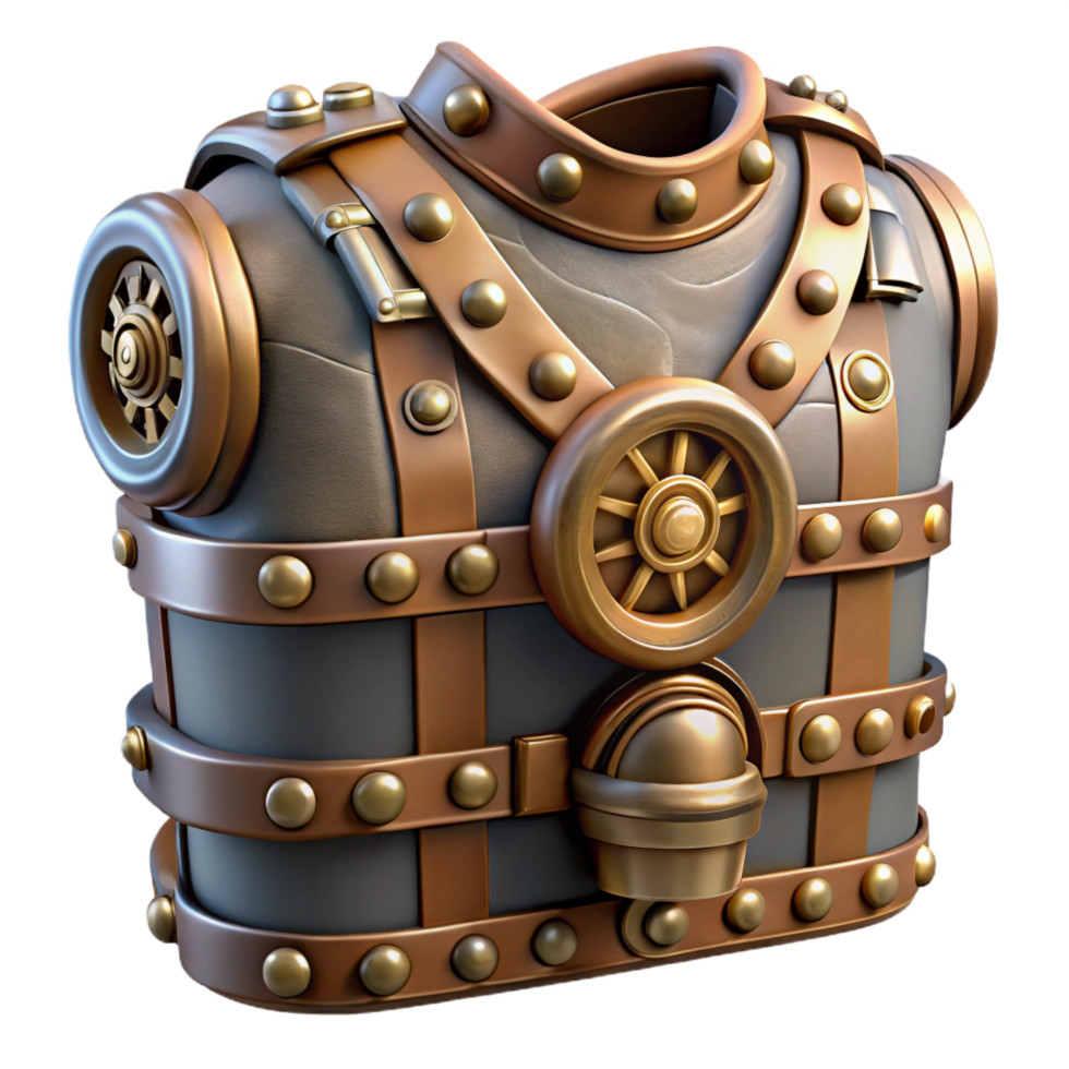 celebrated modern Steampunk chest plate with gears, pipes, and metal plating. NO BACKGROUND with Transparent Background. gallery standard png