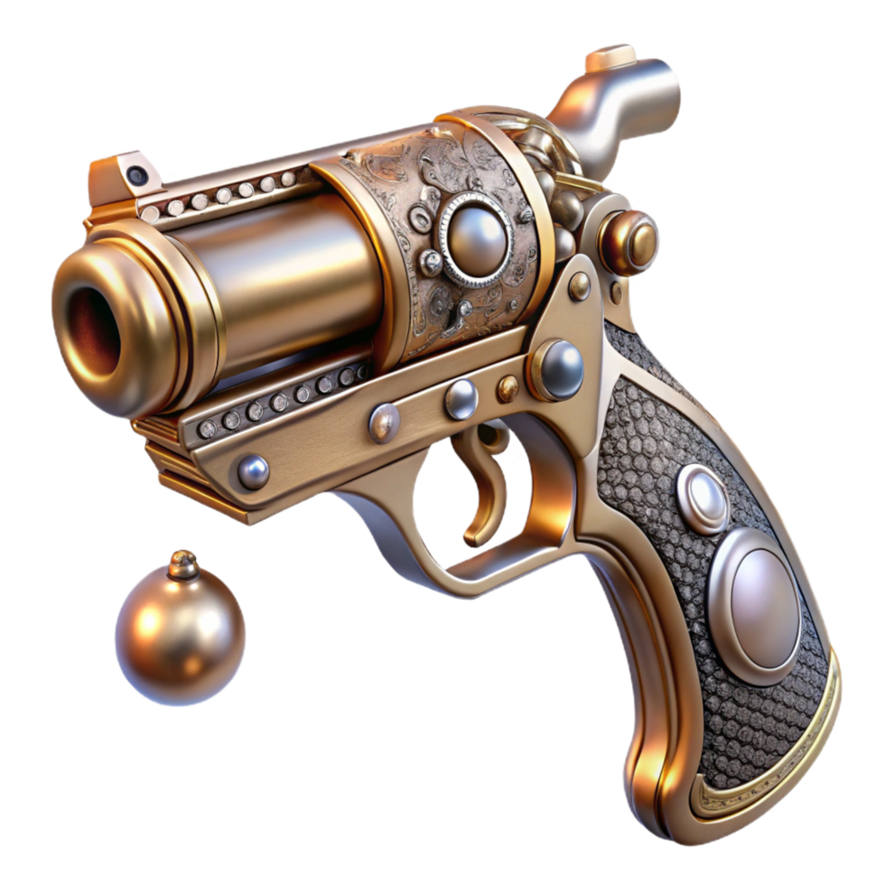 dynamic wonderful Steampunk pistol with ornate engravings and a pearl handle. NO BACKGROUND with Transparent Background. artisan png