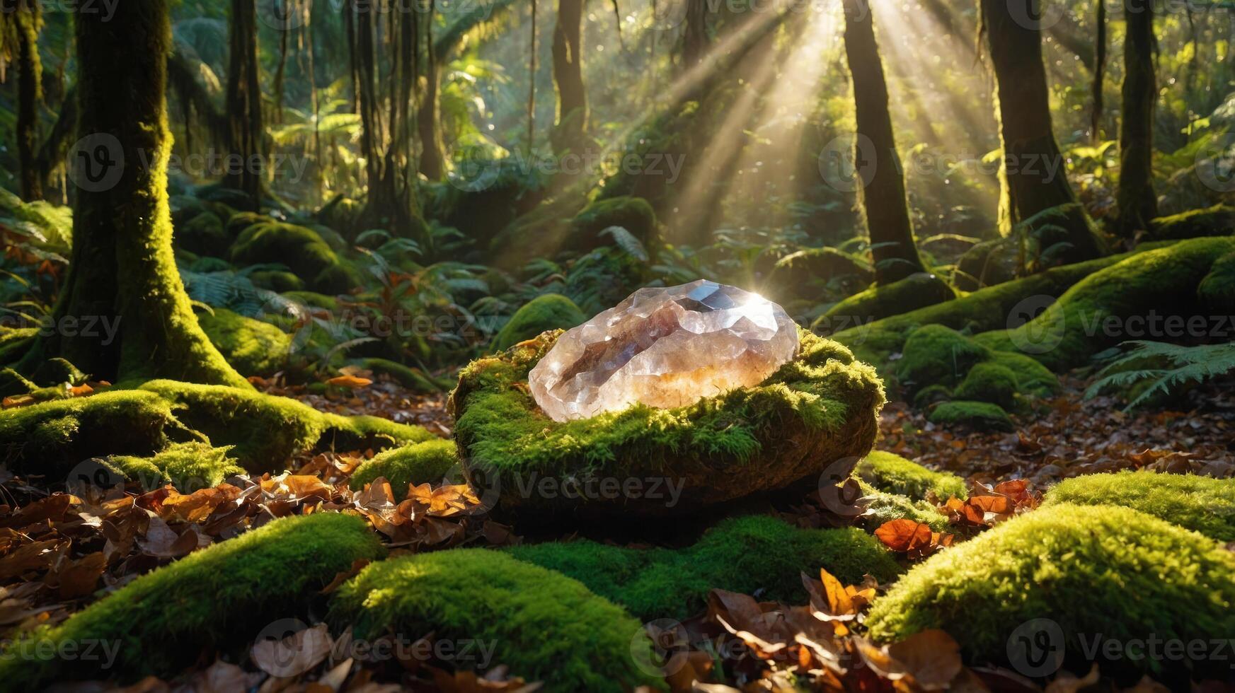 A crystal resting on moss in a sunlit forest, highlighting nature's beauty. photo