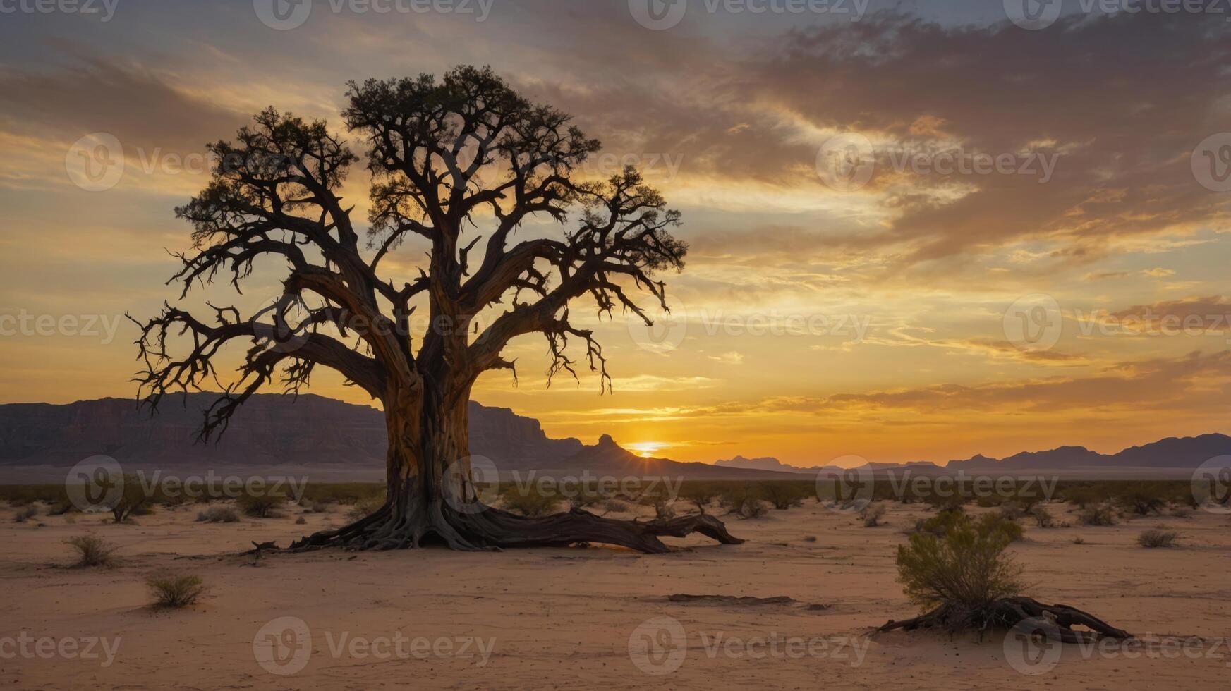 A solitary tree stands against a sunset in a desert landscape, evoking tranquility and resilience. photo