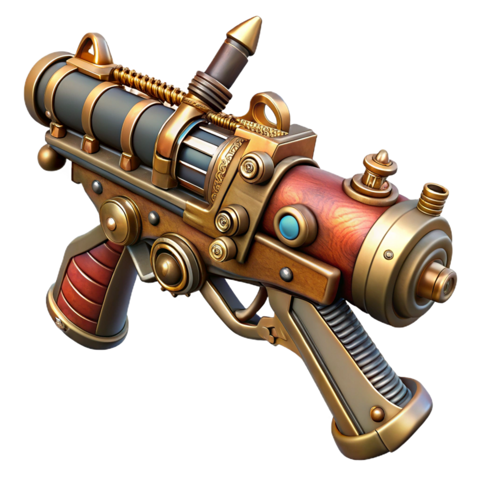 immaculate distinguished Steampunk weapon concept art with detailed sketches and annotations. NO BACKGROUND with Transparent Background. png
