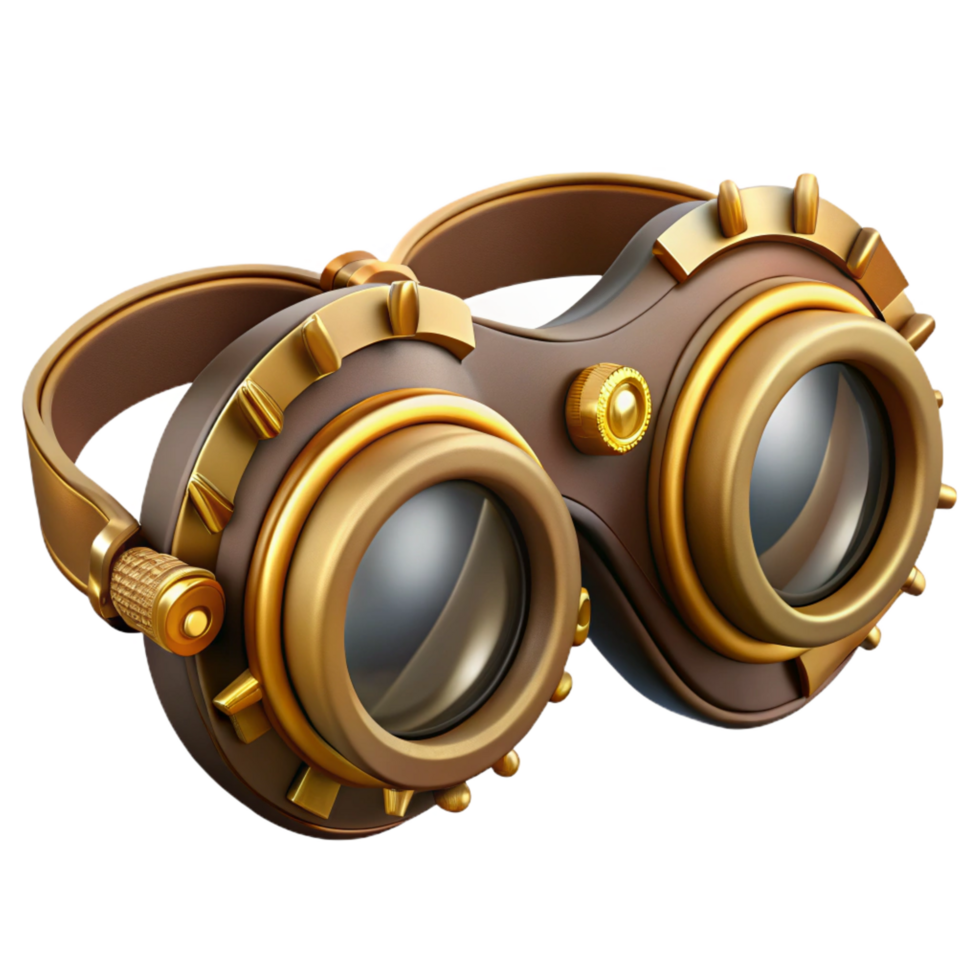 extraordinary mysterious bohemian Steampunk goggles with intricate brass gears and leather straps. NO BACKGROUND with Transparent Background. precision png