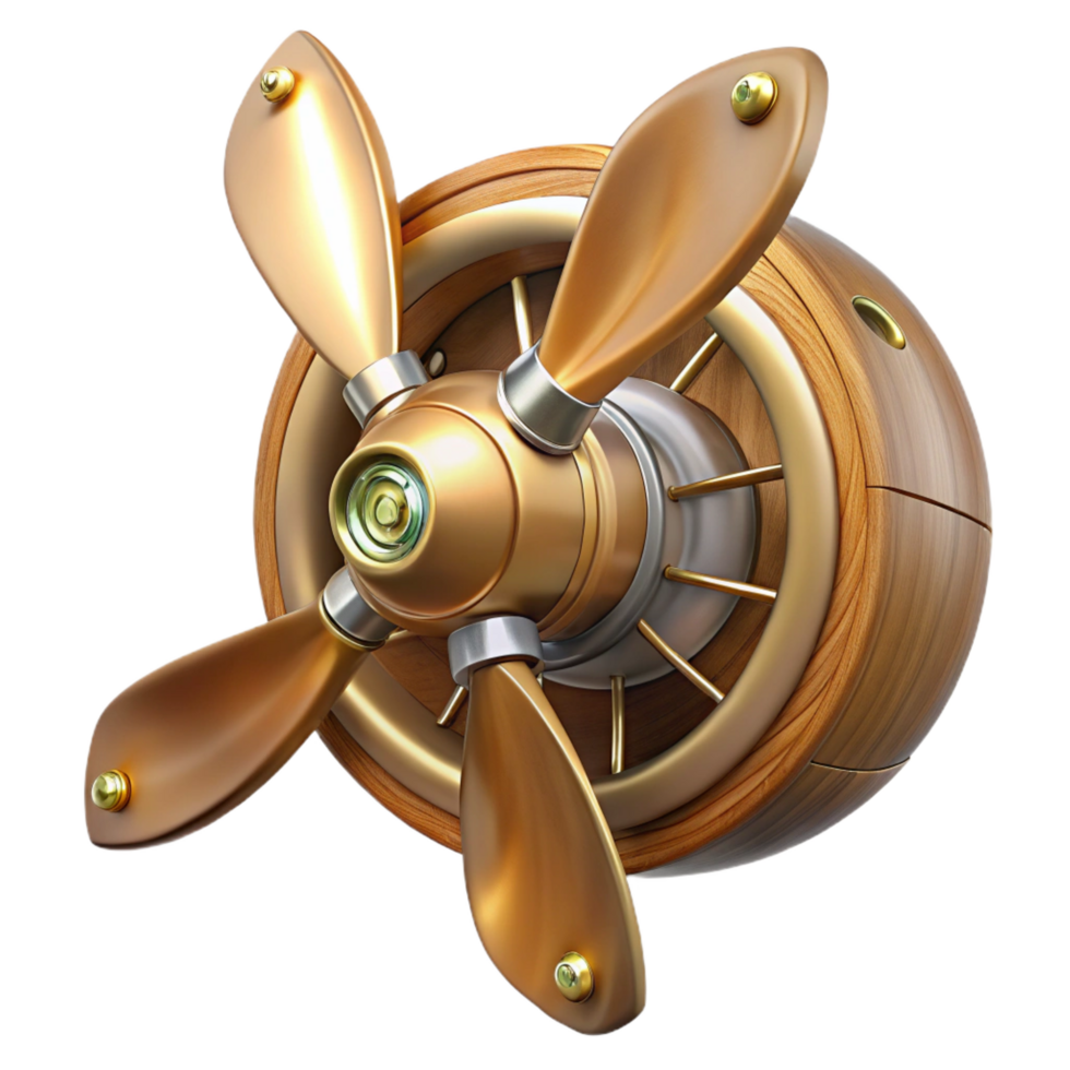 gorgeous futuristic Steampunk airship propeller made of polished wood and copper. NO BACKGROUND with Transparent Background. 8K png
