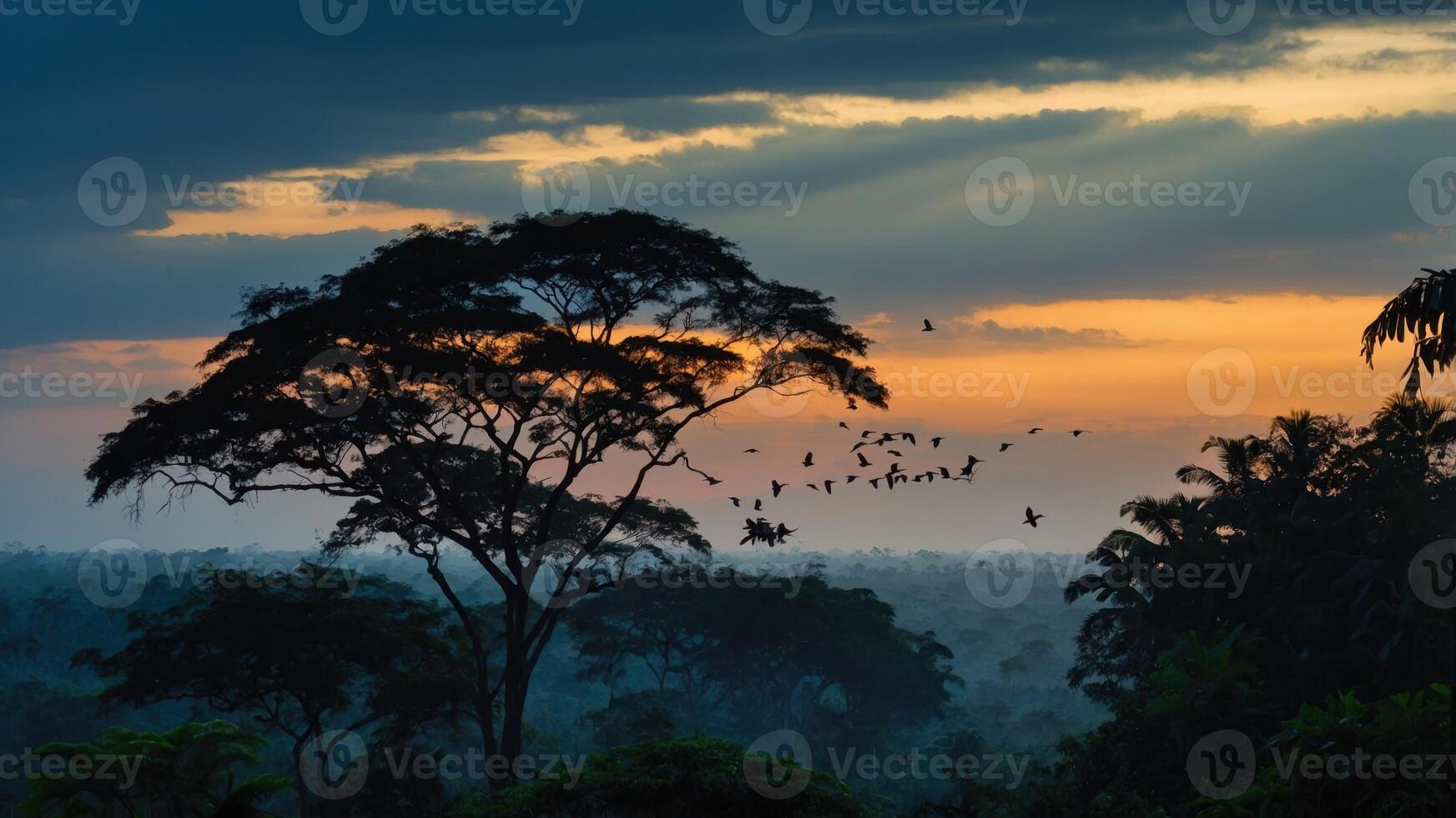 A serene sunset over a lush forest with birds in flight. photo