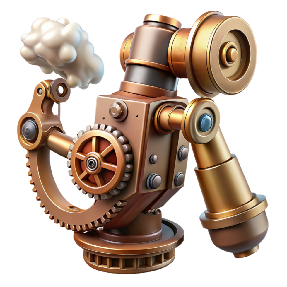 enchanting nostalgic coastal Steampunk robotic arm with exposed gears and steam vents. NO BACKGROUND with Transparent Background. 8K png