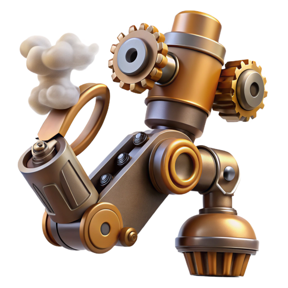 sought-after abstract Steampunk robotic arm with exposed gears and steam vents. NO BACKGROUND with Transparent Background. handcrafted png