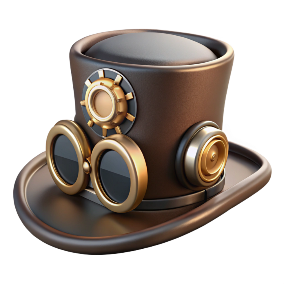 wonderful remarkable Steampunk top hat with brass goggles and cogwheel accents. NO BACKGROUND with Transparent Background. png