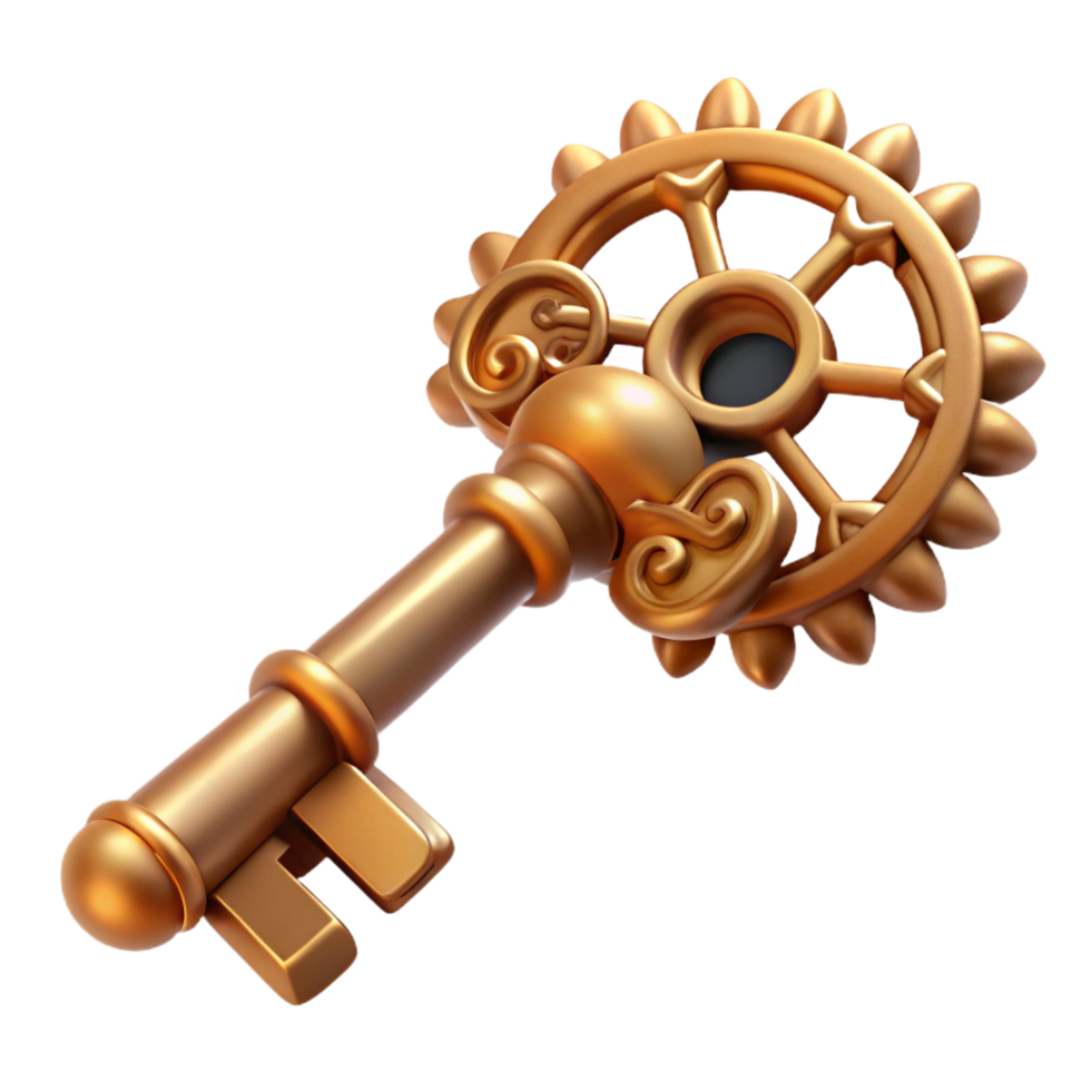 harmonious sumptuous Steampunk key with intricate carvings and a clockwork mechanism. NO BACKGROUND with Transparent Background. high resolution png