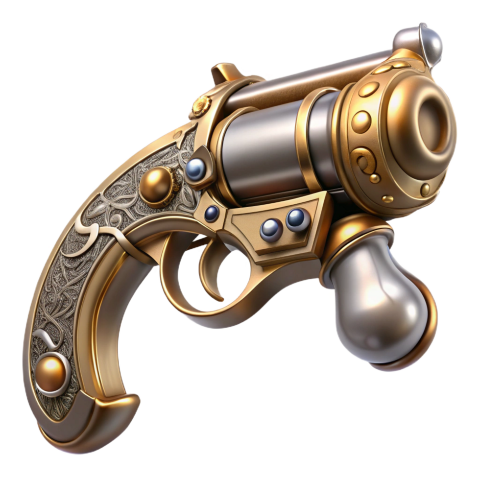 beautiful classic Steampunk pistol with ornate engravings and a pearl handle. NO BACKGROUND with Transparent Background. exclusive png