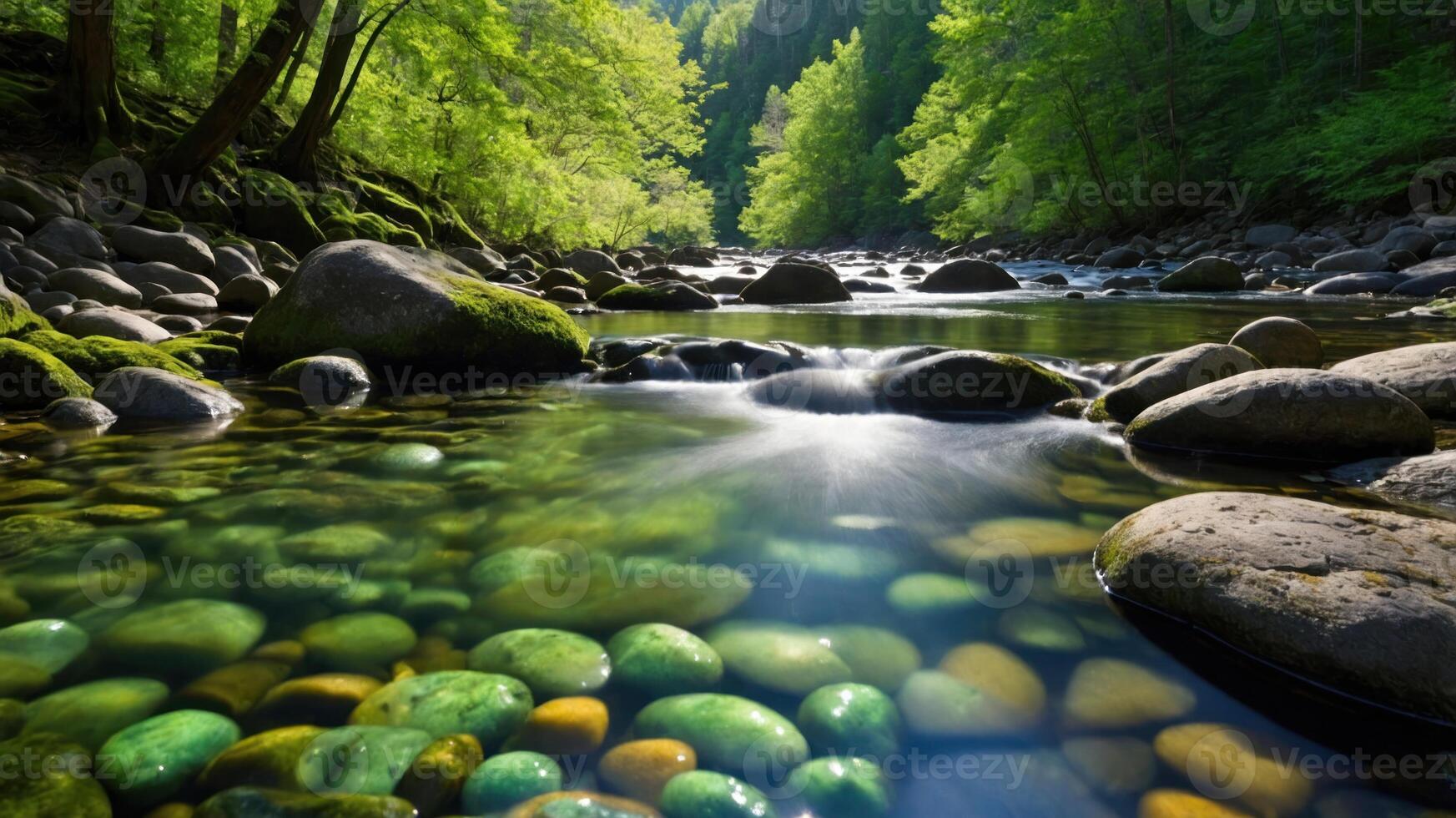 Serene river scene with clear water and smooth stones surrounded by lush greenery. photo