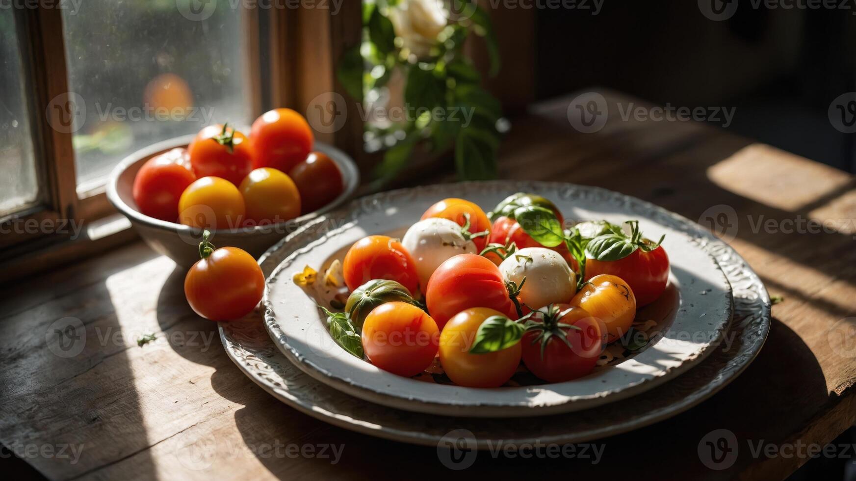 A vibrant display of assorted tomatoes with basil, illuminated by sunlight. photo