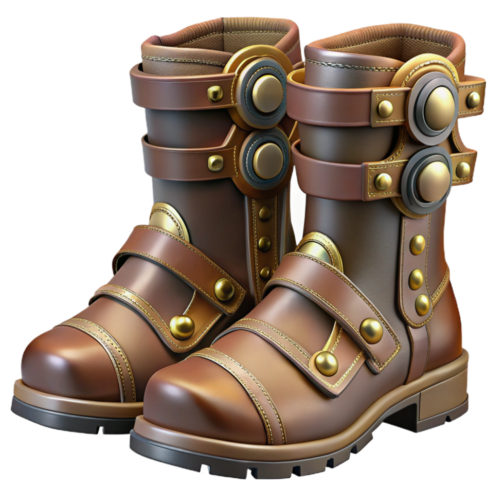 mesmerizing retro Steampunk boots with intricate buckles and metal plating. NO BACKGROUND with Transparent Background. authentic png