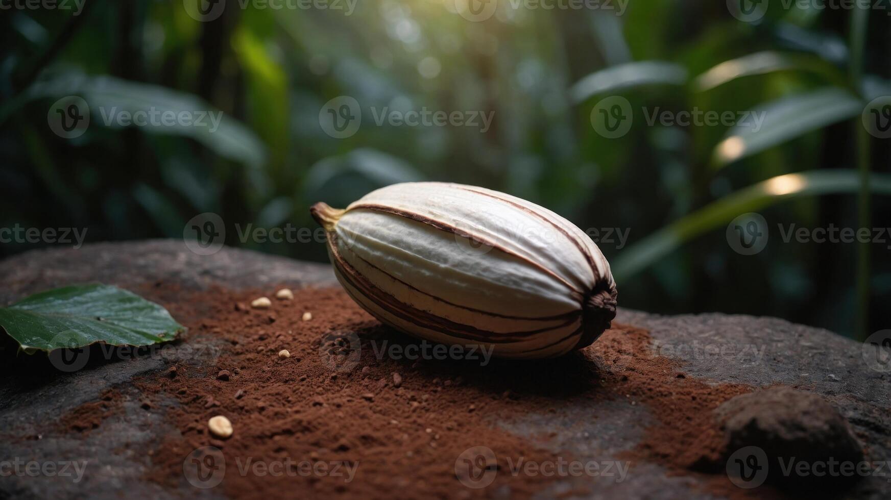 A cacao pod resting on a stone with soil, surrounded by lush green foliage. photo