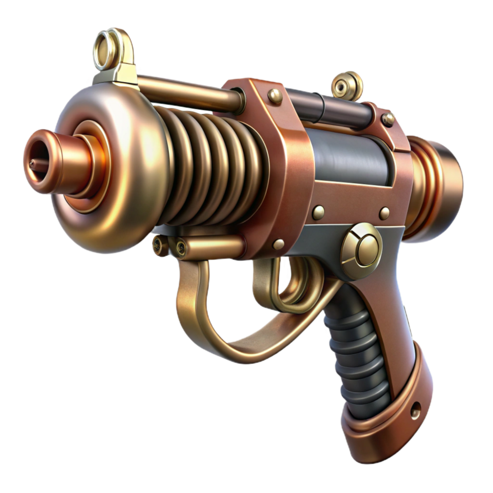 remarkable classic Steampunk ray gun with copper coils and a wooden handle. NO BACKGROUND with Transparent Background. high quality png