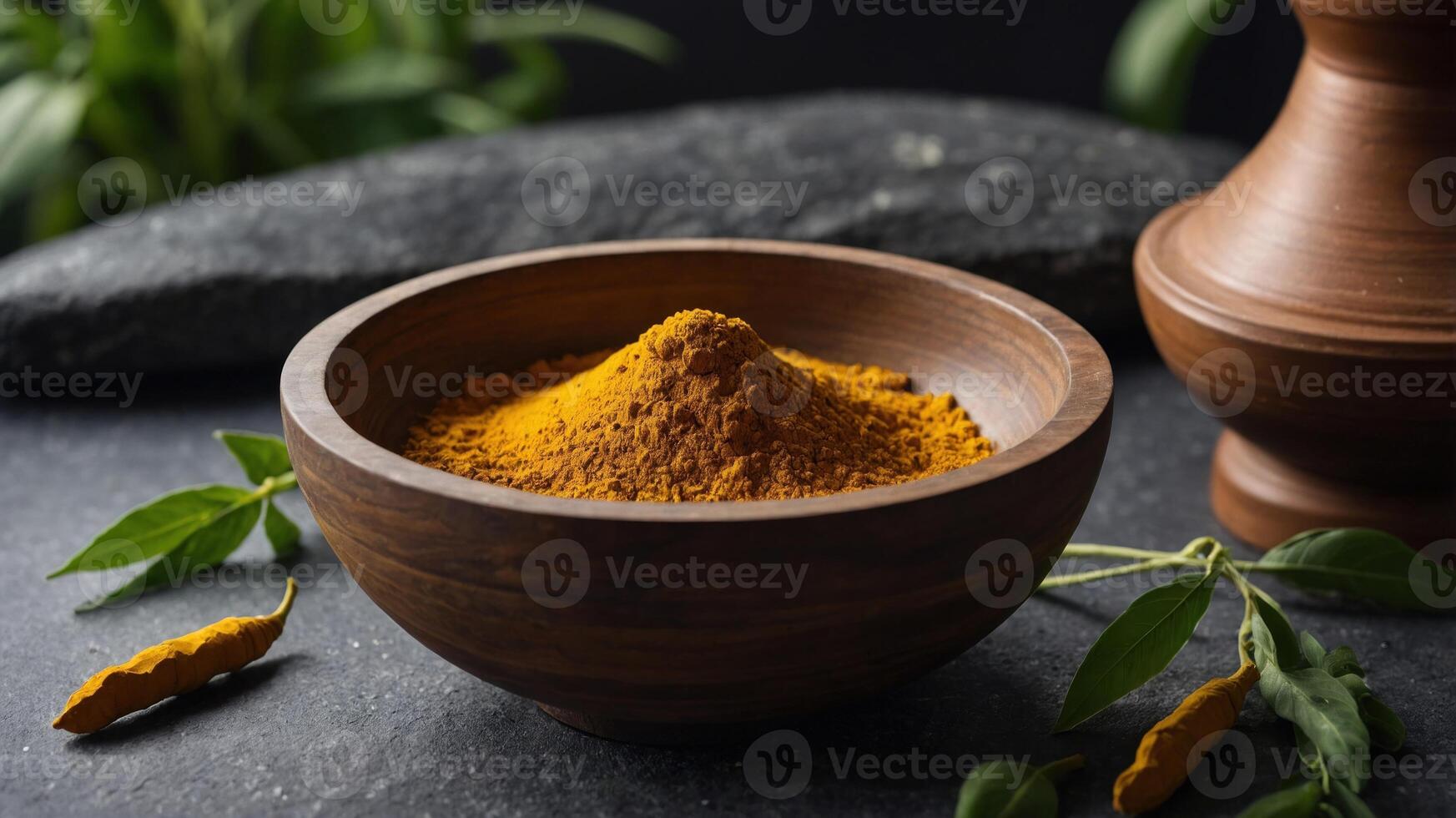 A wooden bowl filled with vibrant turmeric powder, surrounded by leaves and stones. photo