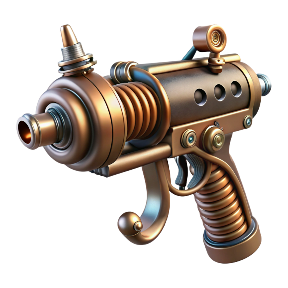 hypnotic acclaimed Steampunk ray gun with copper coils and a wooden handle. NO BACKGROUND with Transparent Background. png