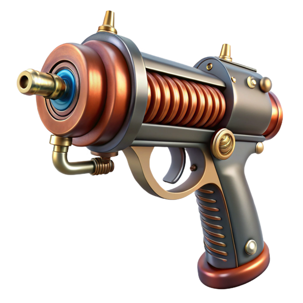 signature industrial Steampunk ray gun with copper coils and a wooden handle. NO BACKGROUND with Transparent Background. ultra HD png