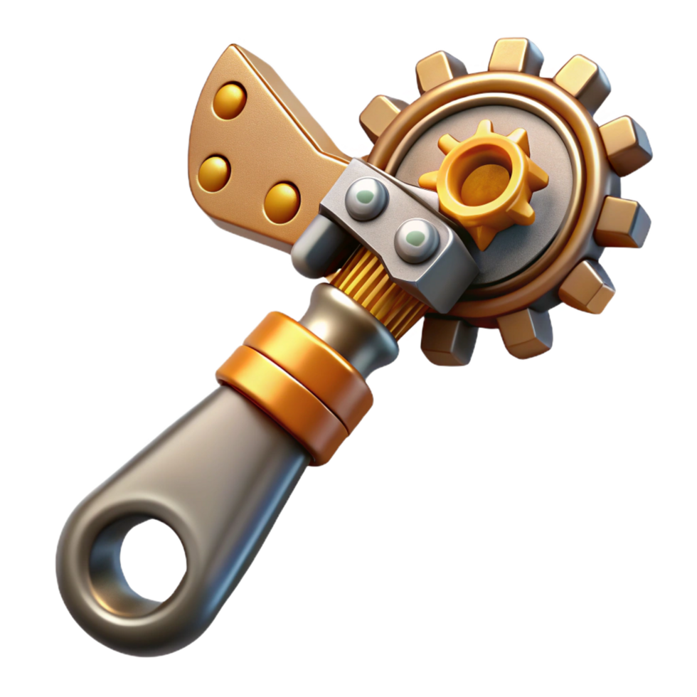 exemplary futuristic Steampunk wrench with adjustable gears and a brass handle. NO BACKGROUND with Transparent Background. studio quality png