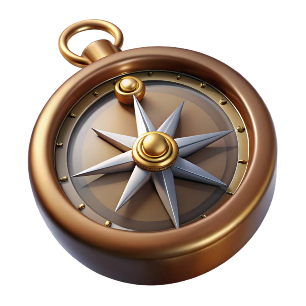 radiant whimsical traditional Steampunk compass with a rotating needle and a brass casing. NO BACKGROUND with Transparent Background. sharp png