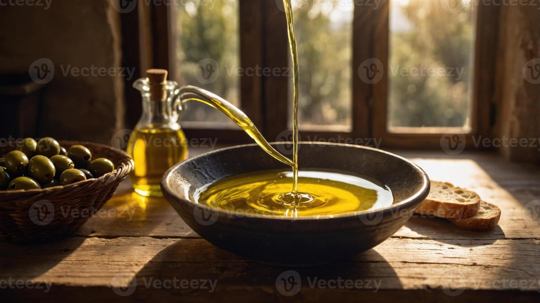 A bowl of olive oil is being poured, accompanied by olives and bread on a rustic table. photo