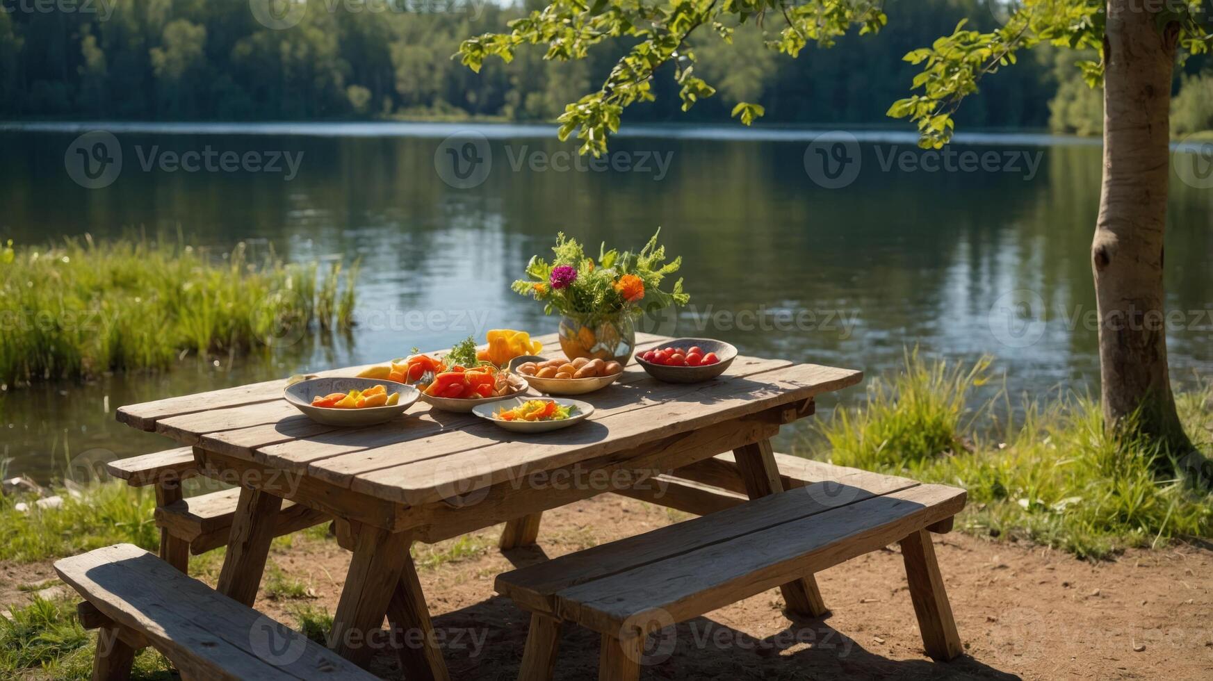 A picnic setup by a serene lake, featuring a wooden table with various colorful dishes. photo