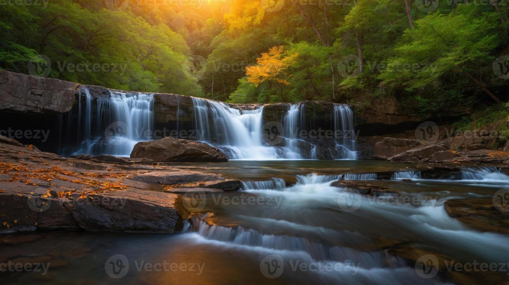 Serene waterfall cascading over rocks in a lush green forest during sunset. photo