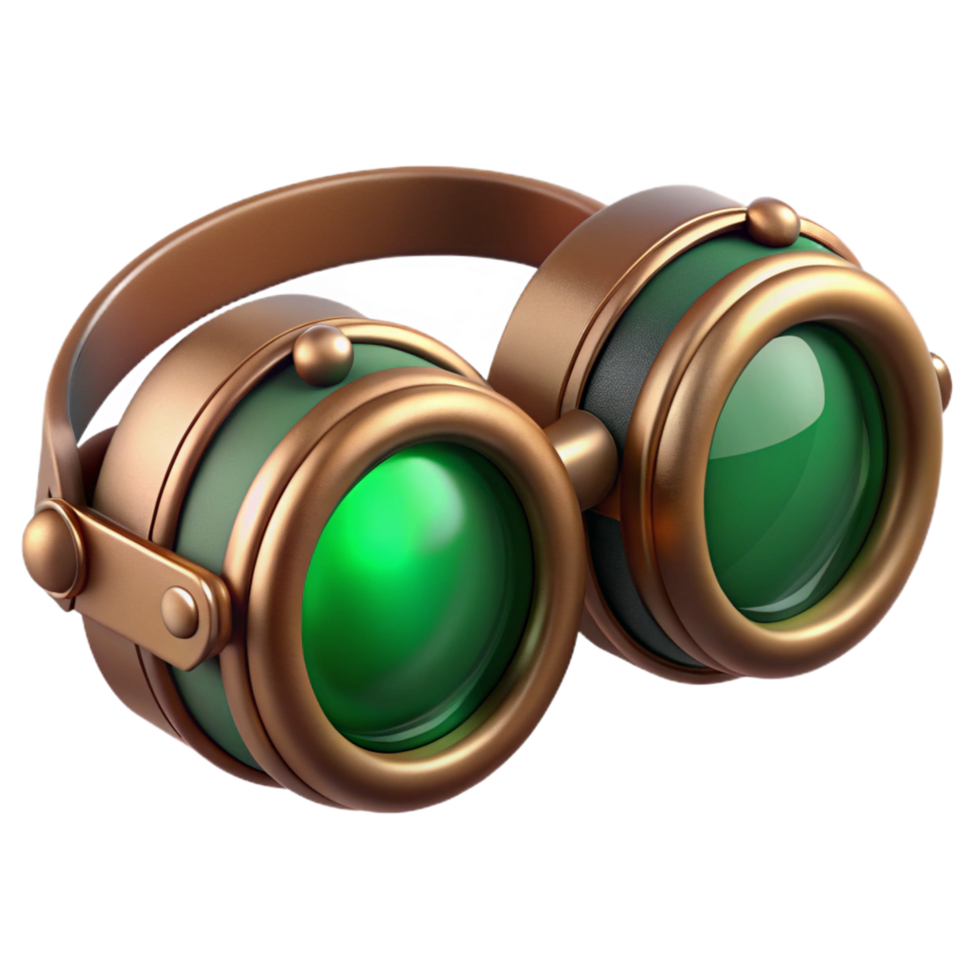 glorious mysterious modern Steampunk goggles with emerald green lenses and copper accents. NO BACKGROUND with Transparent Background. impeccable png
