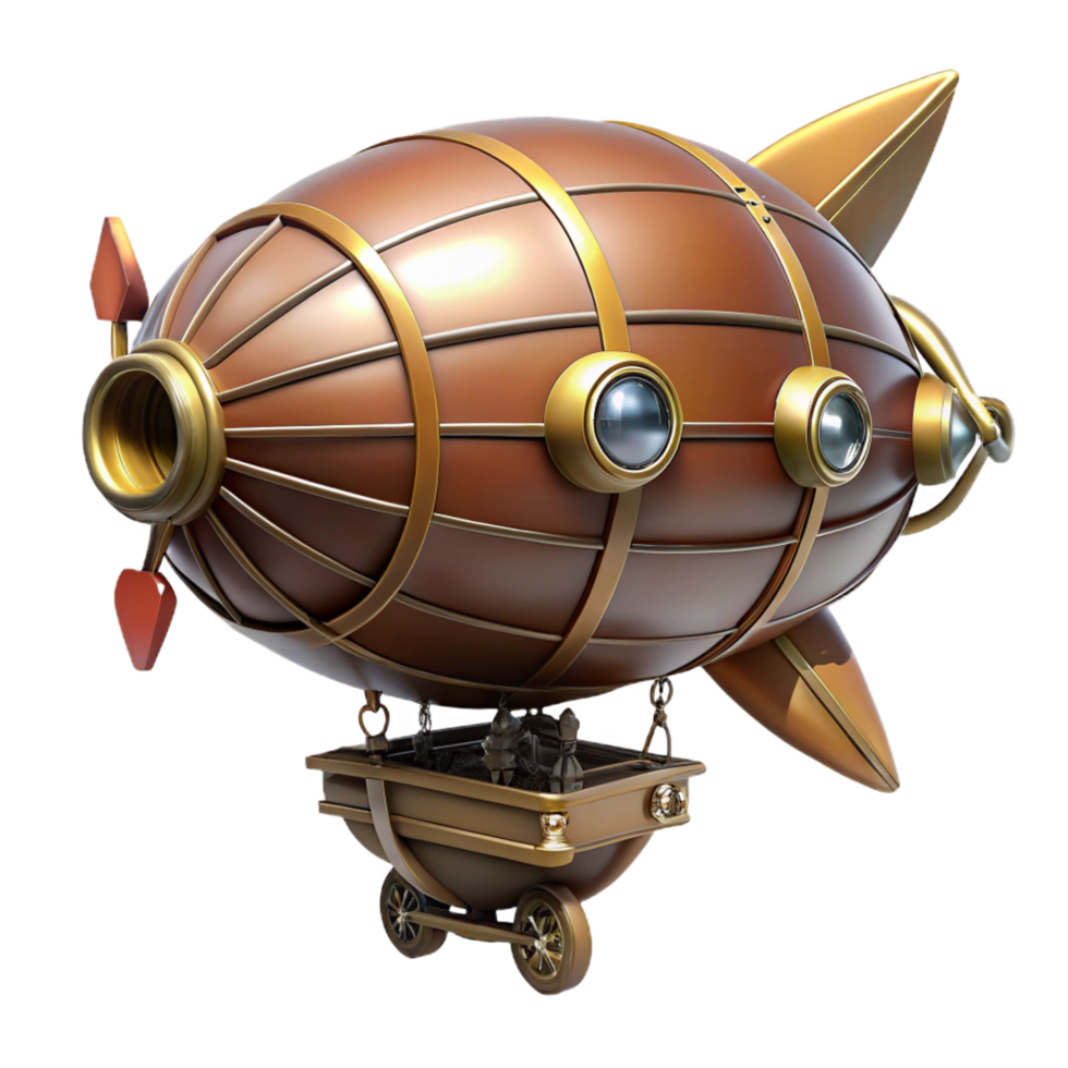 splendid joyful creative Steampunk dirigible miniature with intricate details and propellers. NO BACKGROUND with Transparent Background. gallery standard png