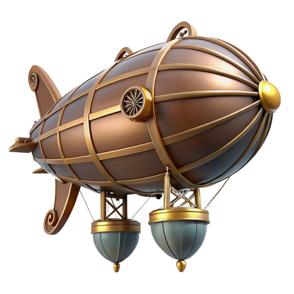 romantic glorious Steampunk dirigible miniature with intricate details and propellers. NO BACKGROUND with Transparent Background. handcrafted png