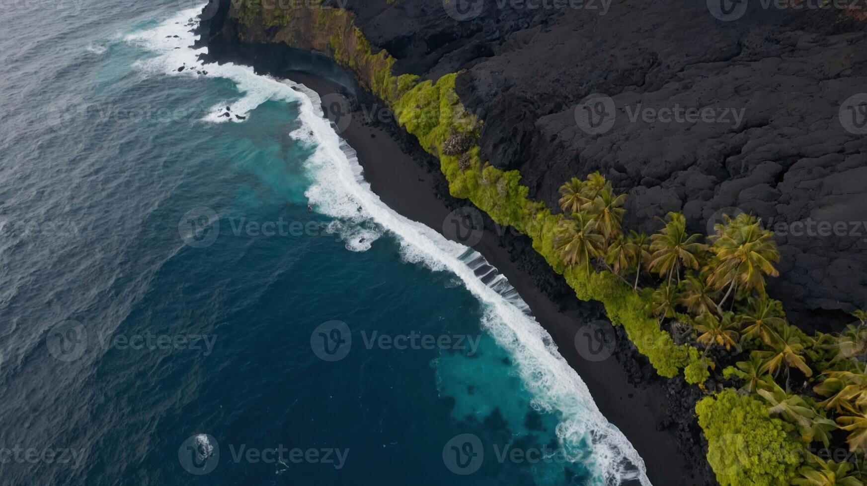 Aerial view of a black sand beach bordered by lush greenery and ocean waves. photo