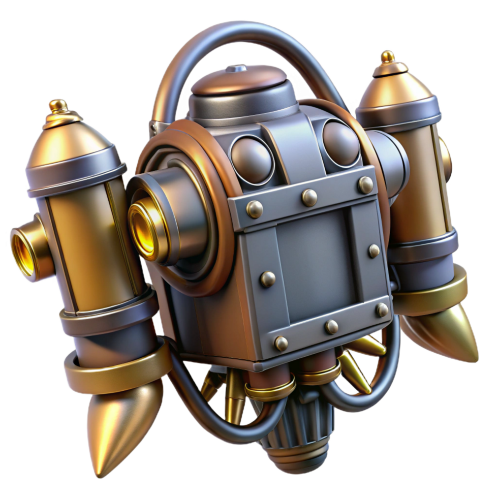 fascinating unparalleled Steampunk jetpack with miniature turbines and brass nozzles. NO BACKGROUND with Transparent Background. png