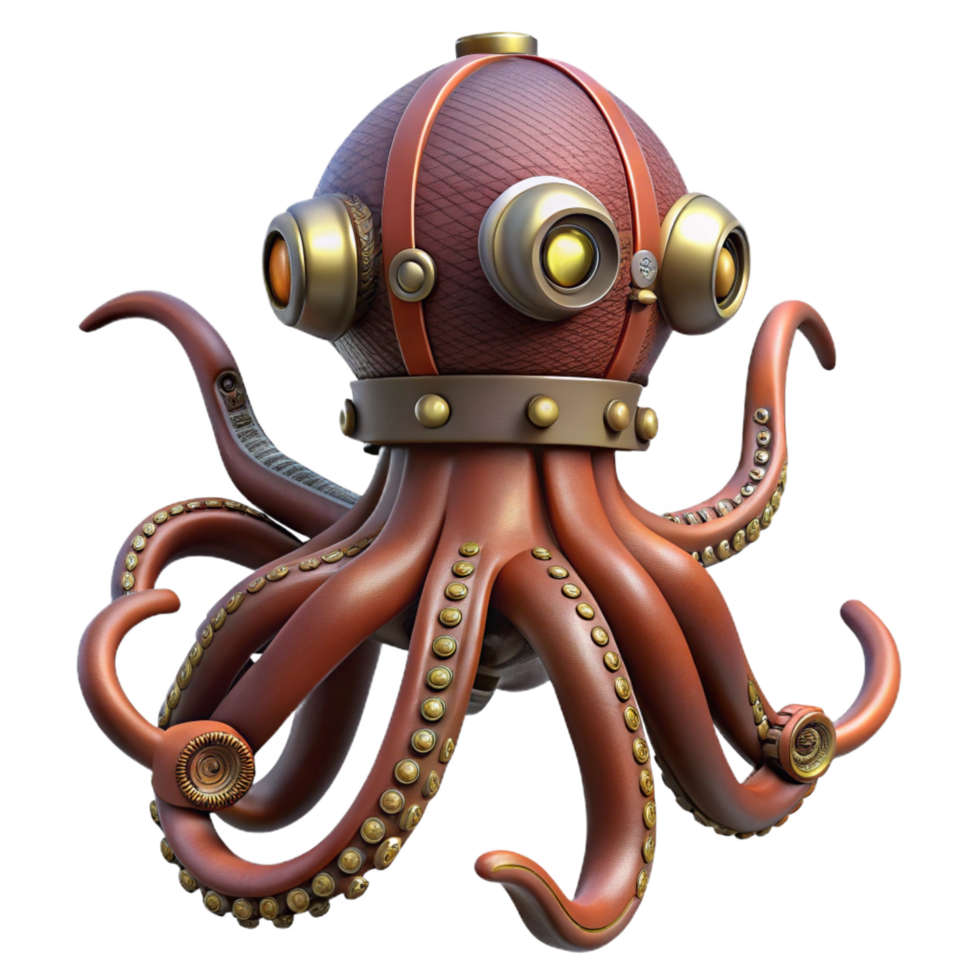 gorgeous quintessential Steampunk octopus automaton with articulated tentacles. NO BACKGROUND with Transparent Background. png