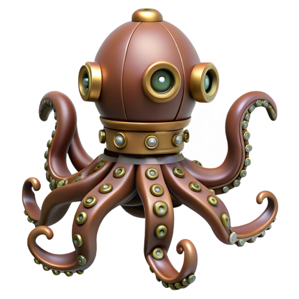joyful majestic Steampunk octopus automaton with articulated tentacles. NO BACKGROUND with Transparent Background. genuine png