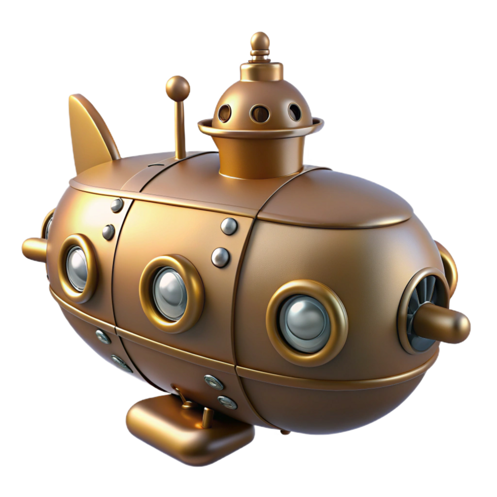 ethereal hypnotic Steampunk submarine miniature with portholes and propellers. NO BACKGROUND with Transparent Background. top-tier png
