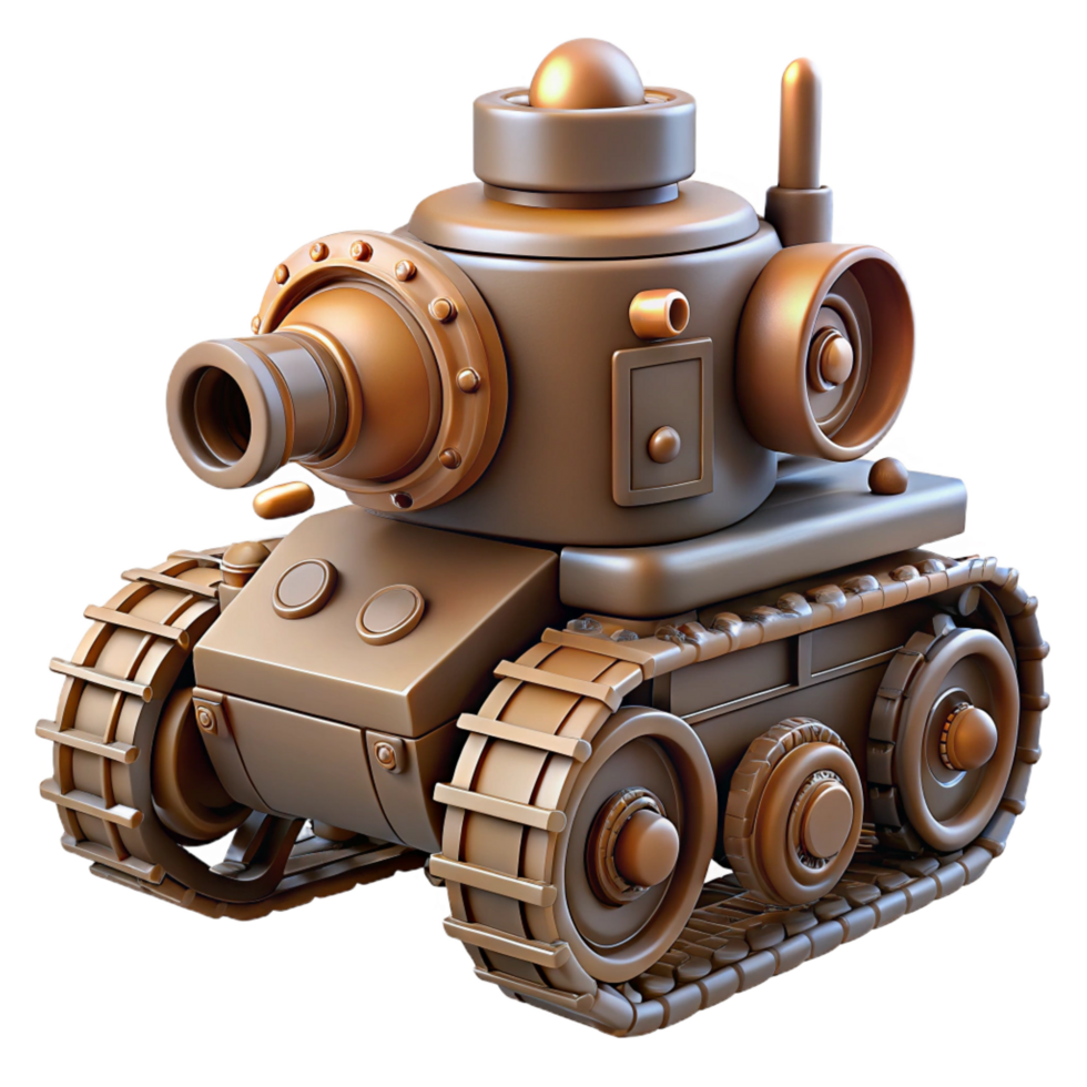 gorgeous acclaimed Steampunk tank miniature with treads and a rotating turret. NO BACKGROUND with Transparent Background. png