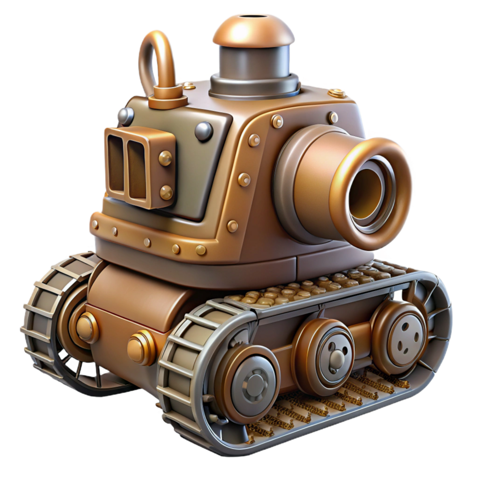 playful magnificent Steampunk tank miniature with treads and a rotating turret. NO BACKGROUND with Transparent Background. premium png