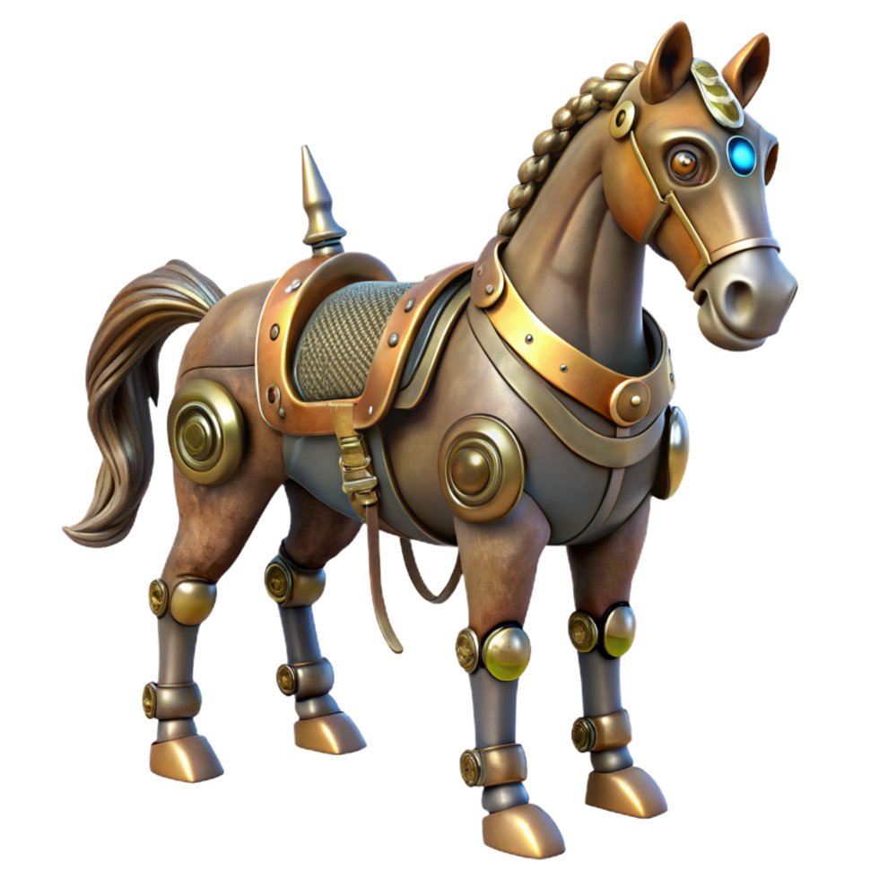 bold serene Steampunk robotic horse with articulated legs and a saddle. NO BACKGROUND with Transparent Background. expertly shot png