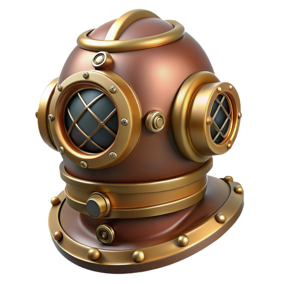 melancholic dazzling Steampunk diving helmet with brass portholes and breathing tubes. NO BACKGROUND with Transparent Background. high resolution png