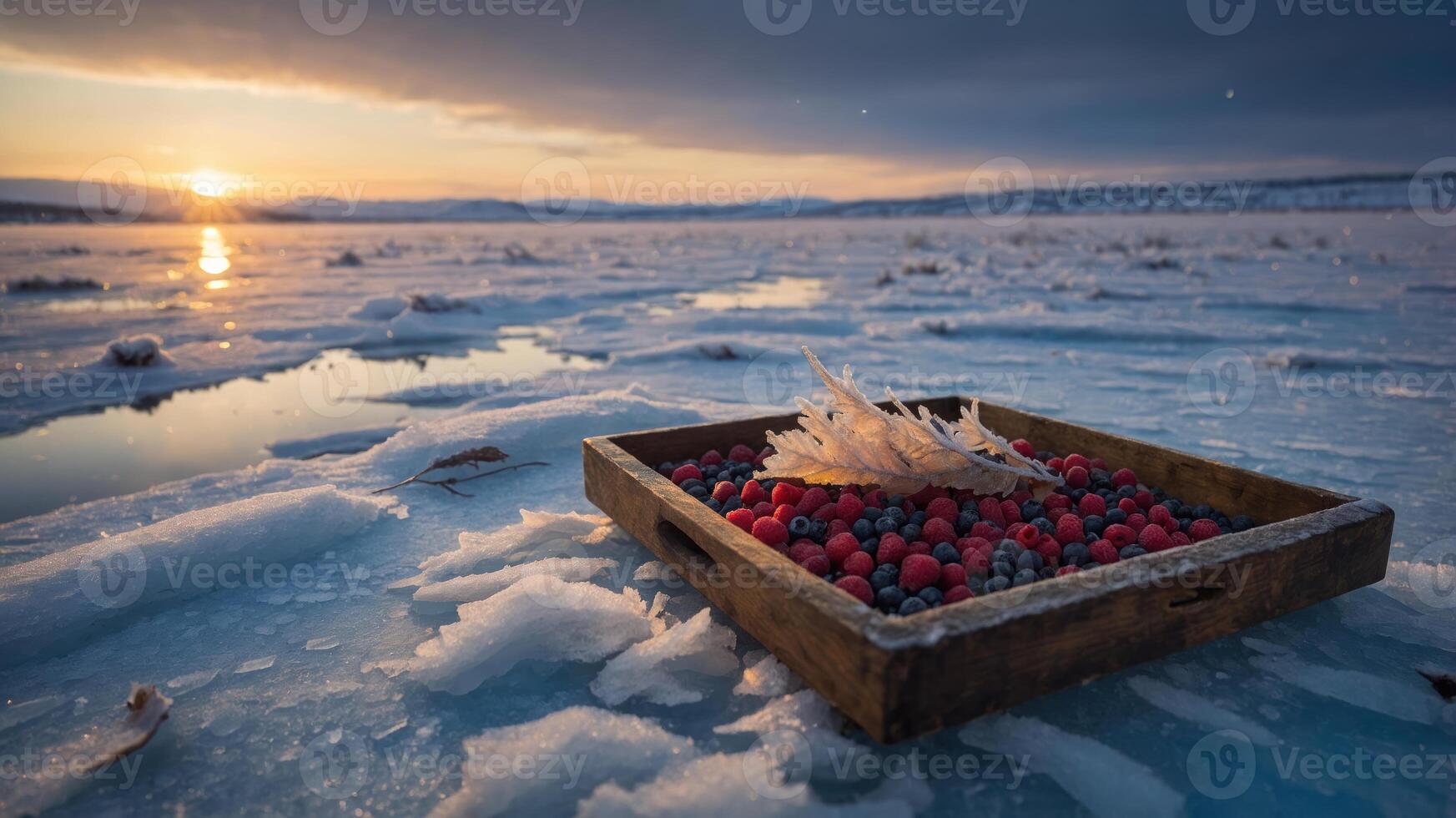 A wooden tray with berries sits on icy terrain, illuminated by a sunset. photo