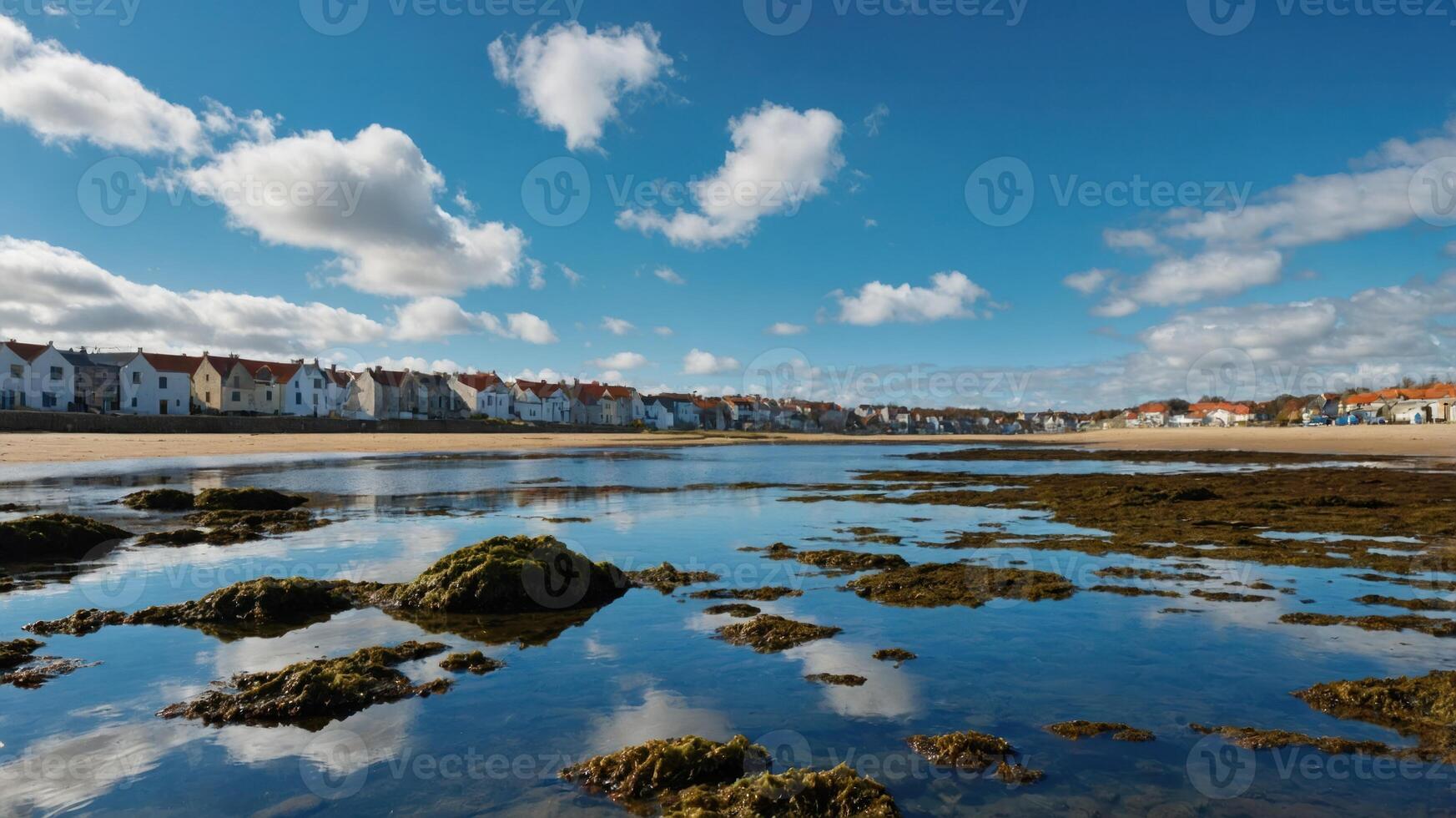 Scenic coastal view with reflections, rocks, and buildings under a blue sky. photo