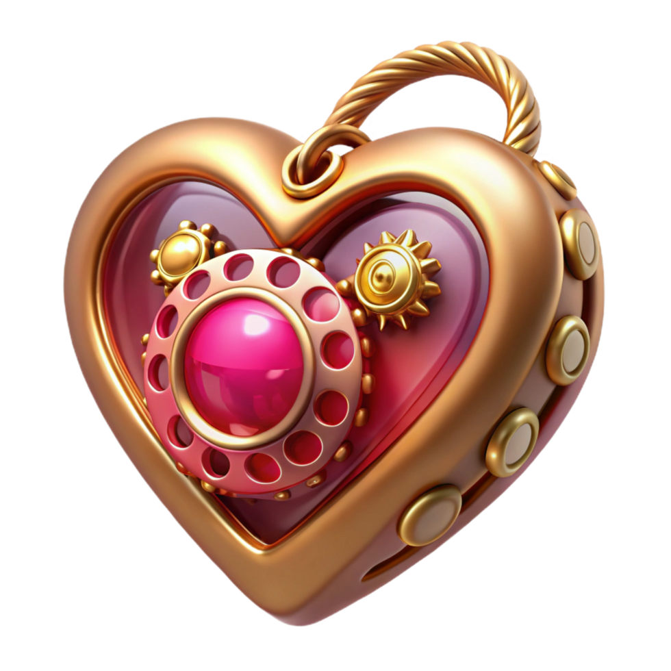 majestic exemplary Steampunk heart locket with intricate gears and a ruby gemstone. NO BACKGROUND with Transparent Background. png