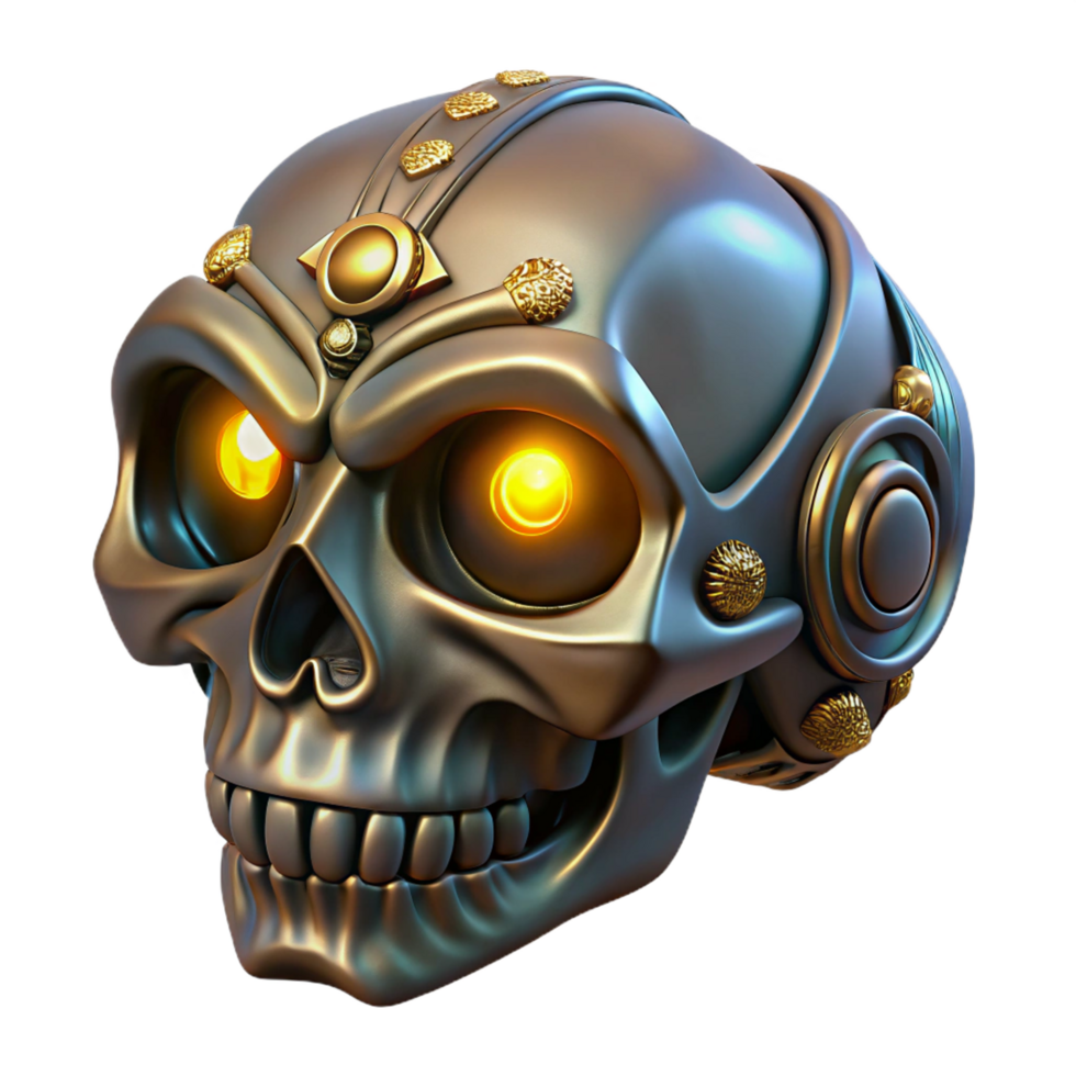 intense elegant Steampunk skull ring with intricate engravings and glowing eyes. NO BACKGROUND with Transparent Background. ultra HD png