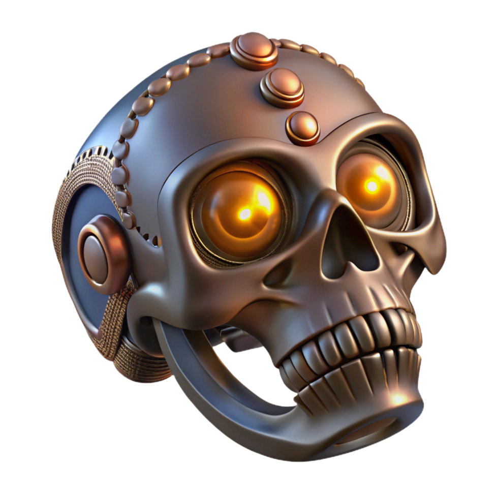 standout mid-century Steampunk skull ring with intricate engravings and glowing eyes. NO BACKGROUND with Transparent Background. gallery standard png