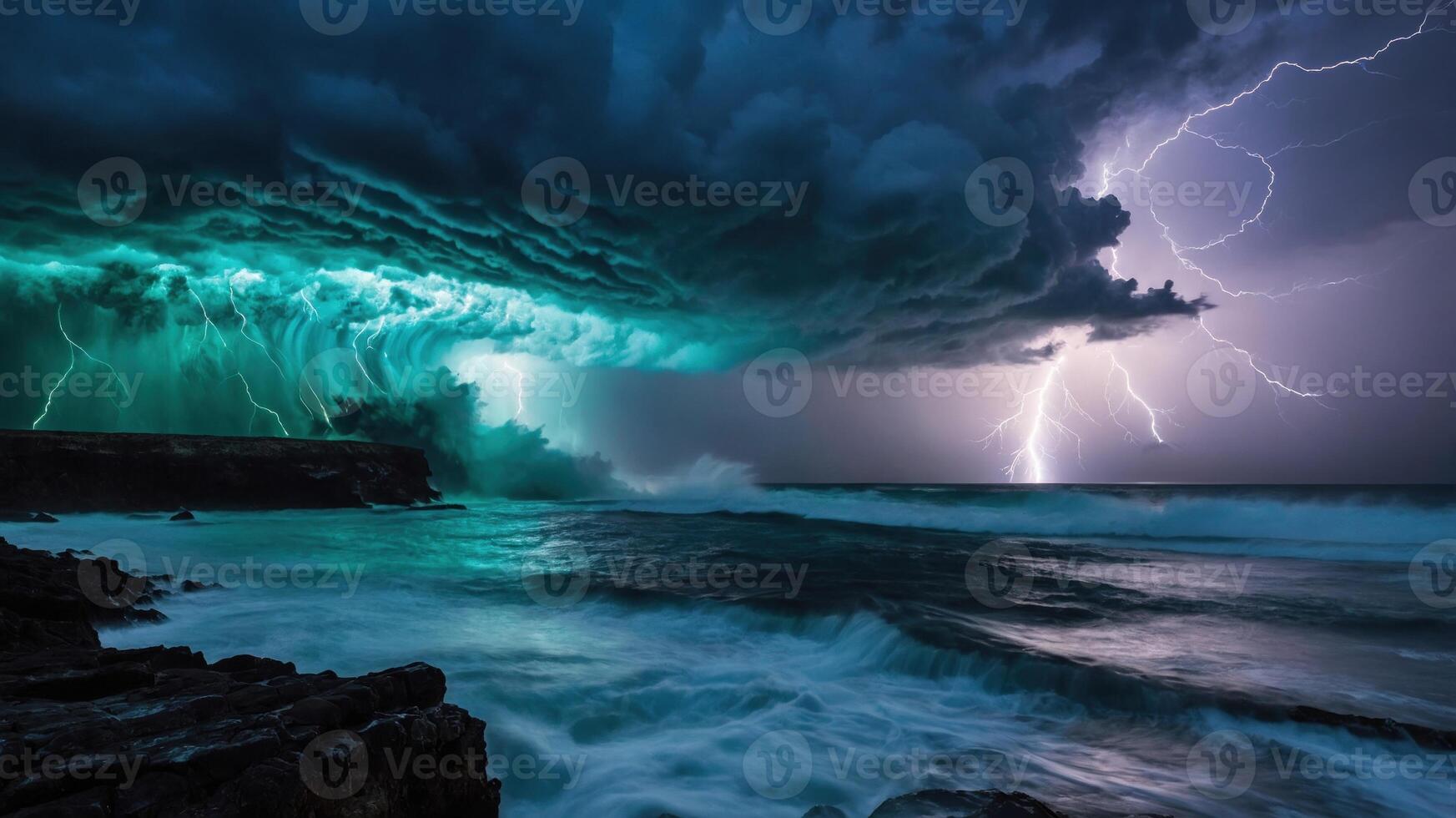 Dramatic storm over ocean with lightning illuminating turbulent waves and dark clouds. photo