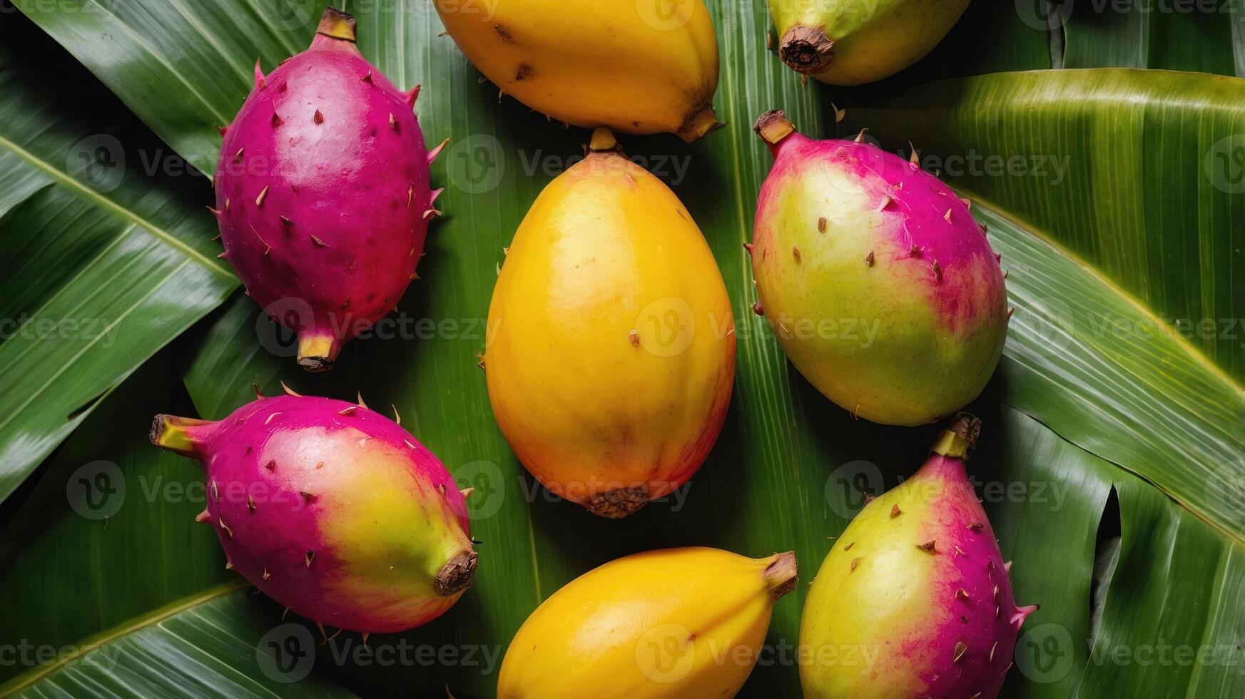 A vibrant arrangement of dragon fruits on green leaves, showcasing their colors and textures. photo