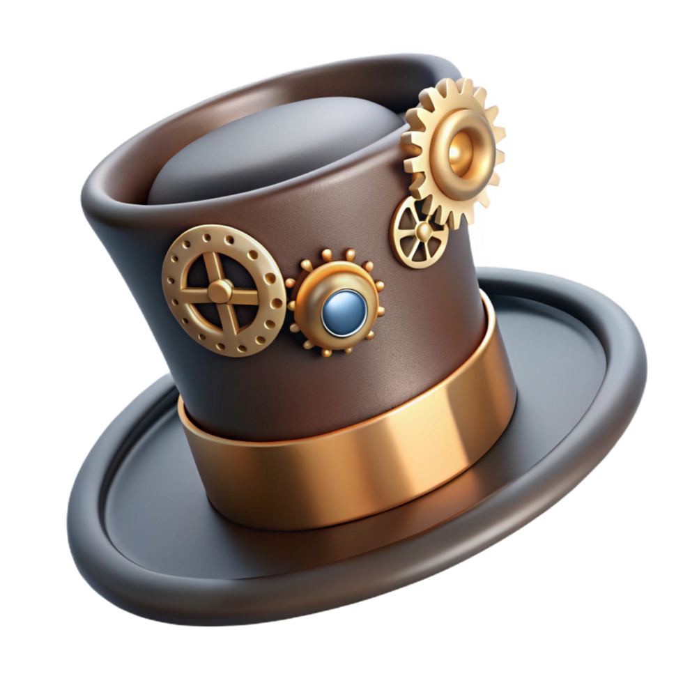captivating dynamic retro Steampunk top hat fascinator with miniature gears and feathers. NO BACKGROUND with Transparent Background. detailed png