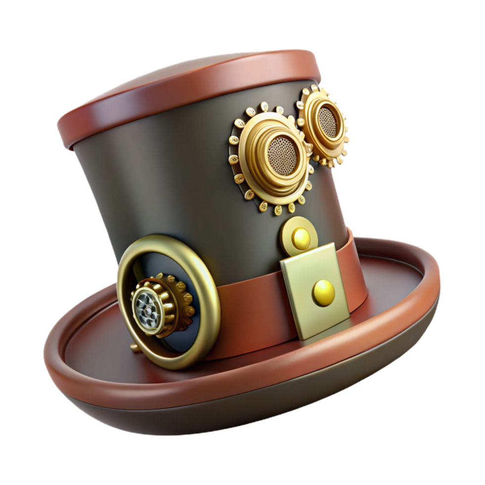 striking organic Steampunk top hat fascinator with miniature gears and feathers. NO BACKGROUND with Transparent Background. gallery standard png
