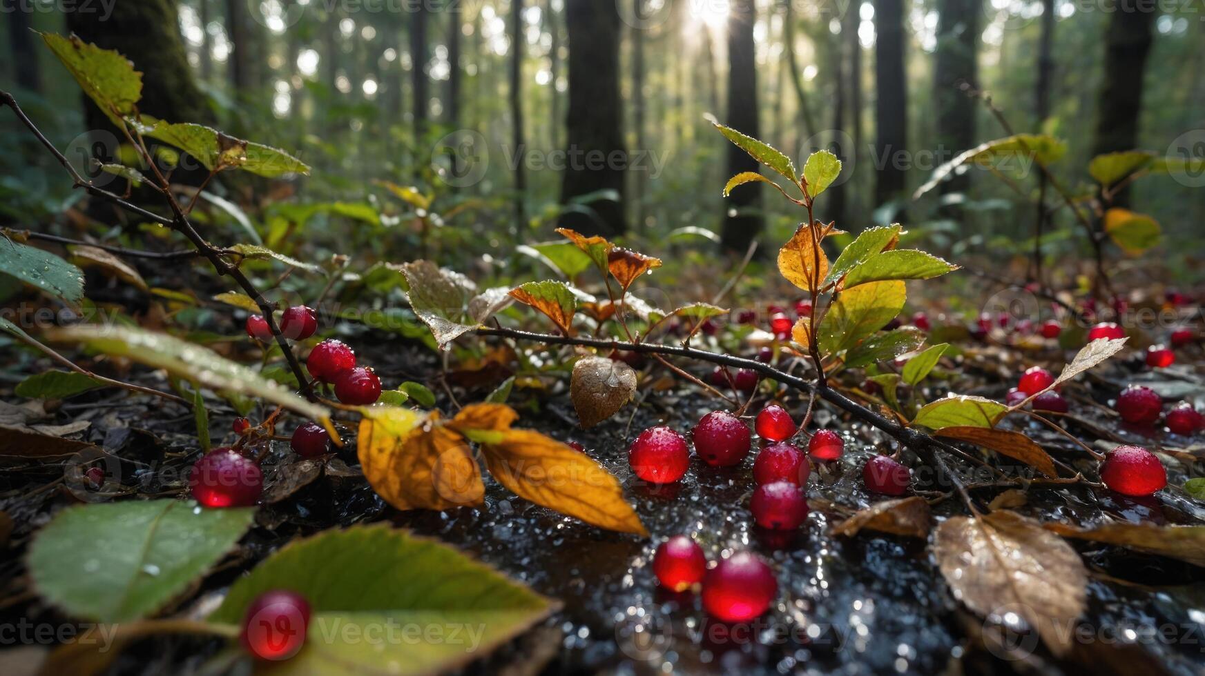 A forest floor scattered with vibrant red berries and fallen leaves, illuminated by sunlight. photo